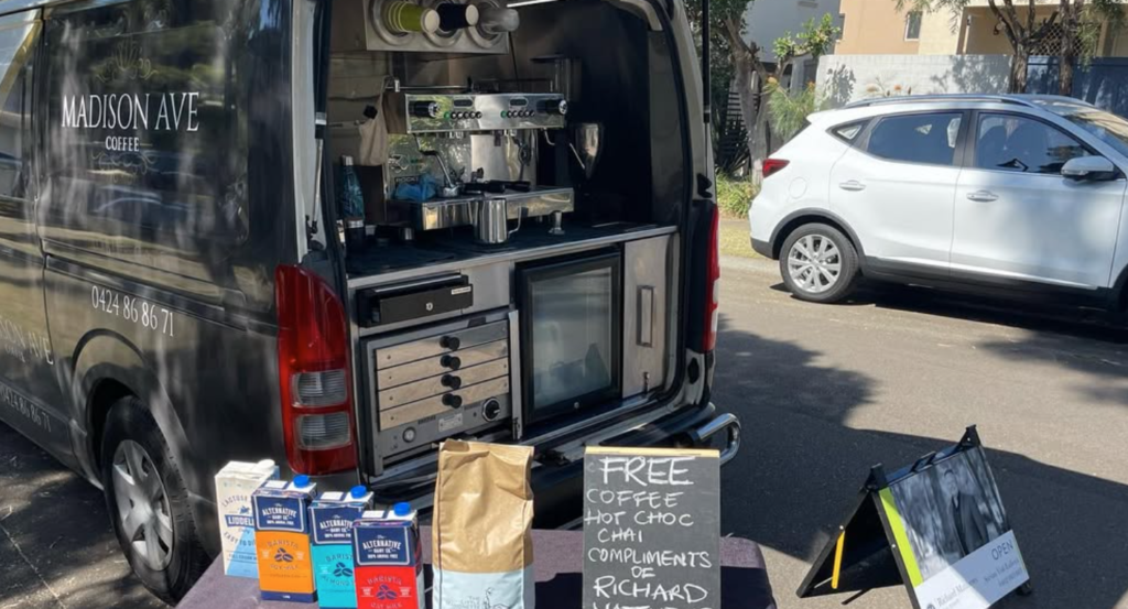 Coffee van hire setup for Real Estate Auction by Madison Ave Coffee in Sydney with professional espresso machine and mobile catering for corporate events