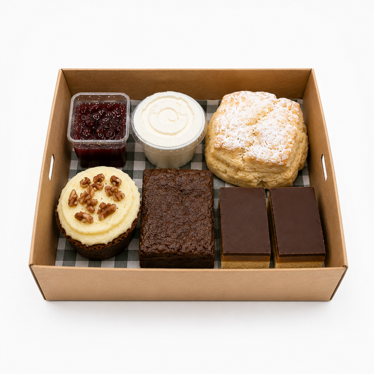 Madison Ave box of baked treats — brownies, scones and caramel slices