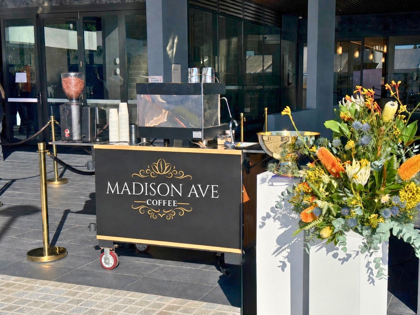 Madison Ave branded coffee cart at a Sydney corporate venue