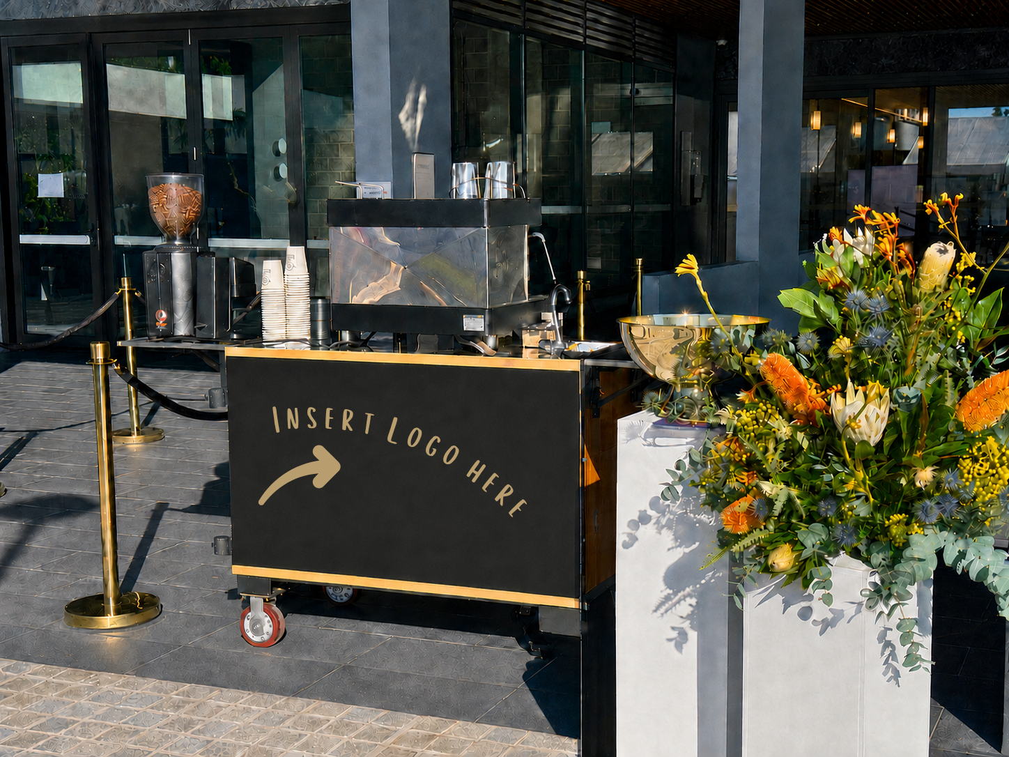 Coffee cart branded with a client logo panel for an activation